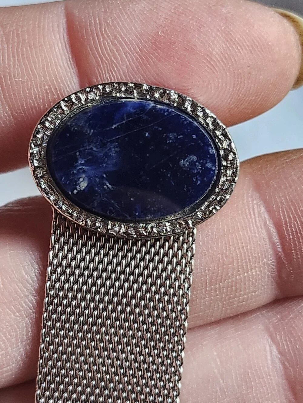 Vtg Dante Silver Tone Mesh Cufflinks with Dark Blue Oval Stones